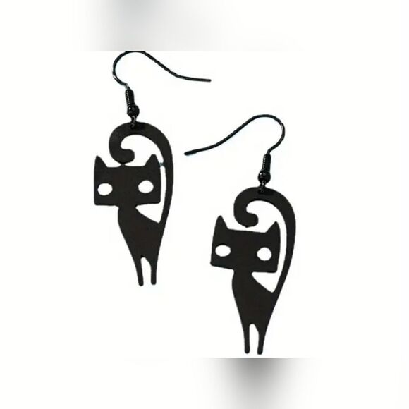 NEW! Halloween Black Cat Dangle Earrings 2" Mid Century Modern, on trend! - Picture 1 of 5